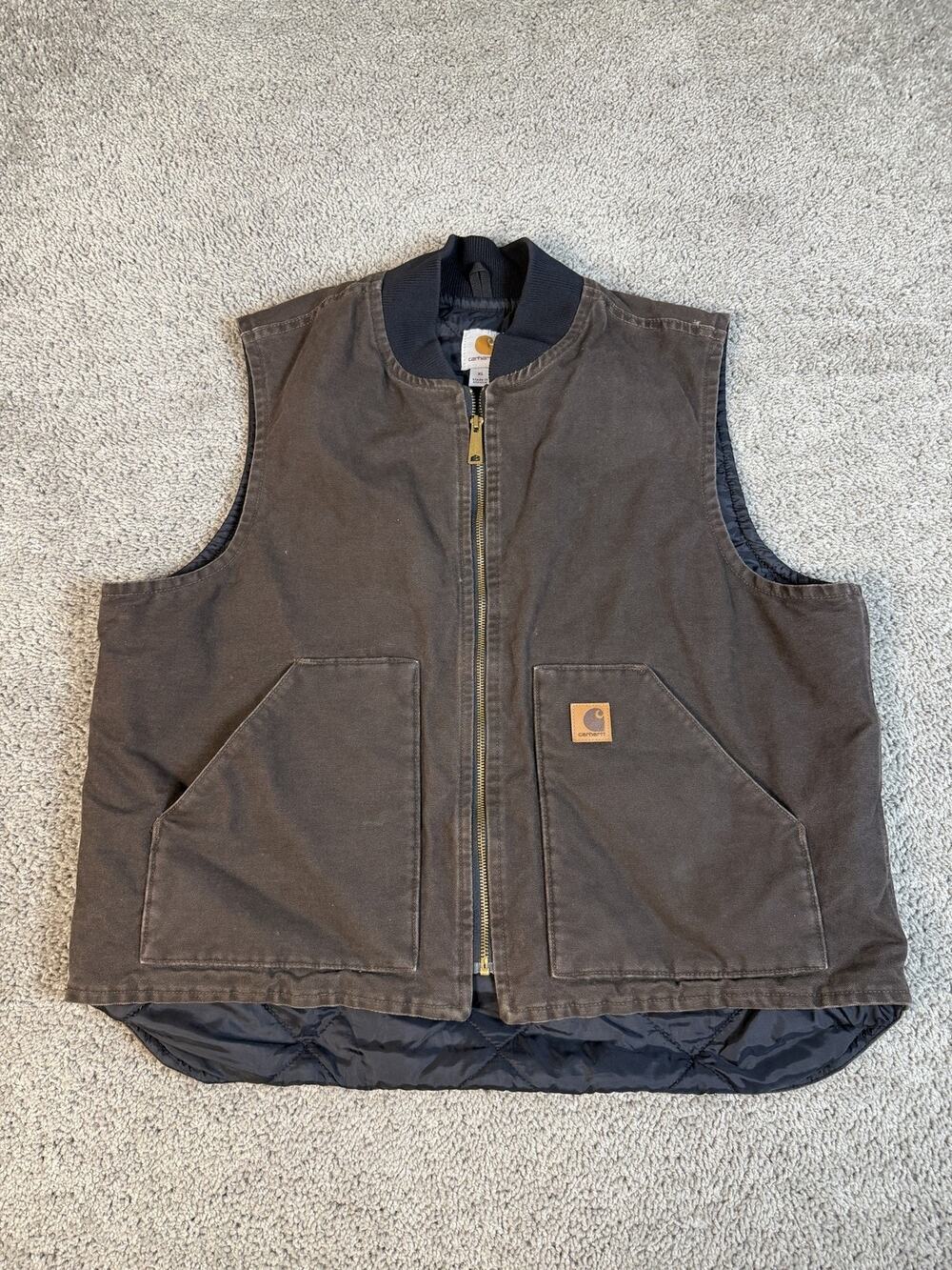 Carhartt Vest Mens XL Brown Quilted Lined Insulated Full Zip Pockets Canvas